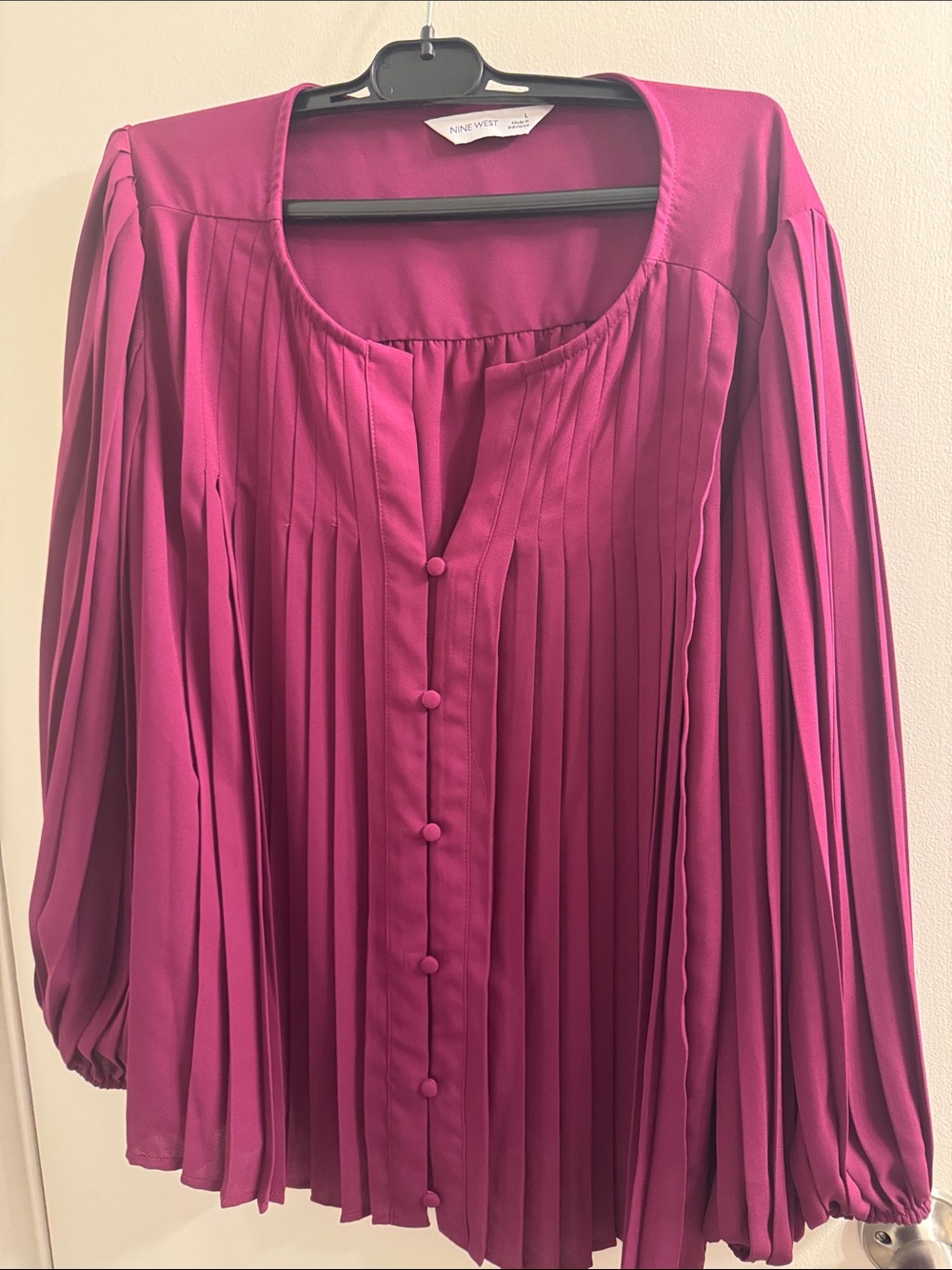Nine West Magenta Pleated Button-Front Blouse